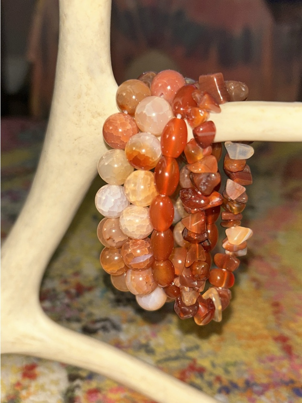 Handmade Carnelian and Agate Stretch Bracelet Set - Warm Orange Tones